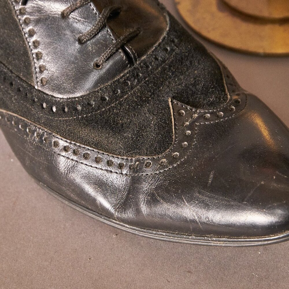 1990s Dune Wingtip Black Suede and Patent Leather Shoes